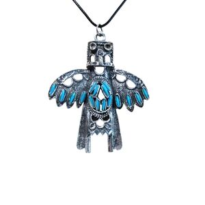 Vintage Faux Turquoise American Indian Thunderbird Pendant Large Silvertone